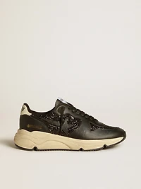 Women's Running Sole black glitter with leather star and nubuck heel tab