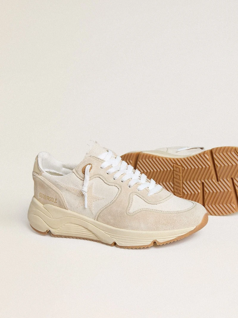 Women's Running Sole canvas with beige star and platinum metallic leather heel tab