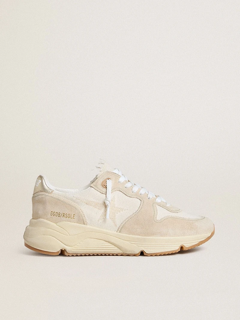 Women's Running Sole canvas with beige star and platinum metallic leather heel tab