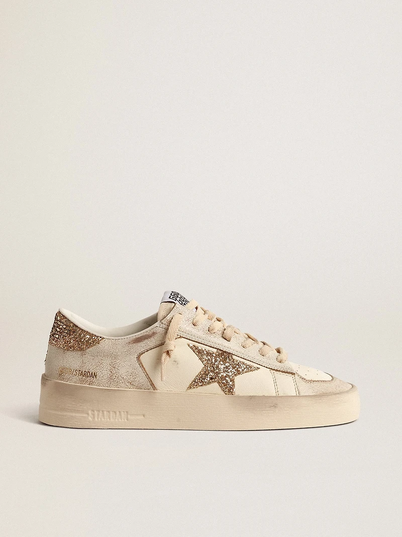Women’s Stardan ecru nappa leather with gold glitter star and heel tab