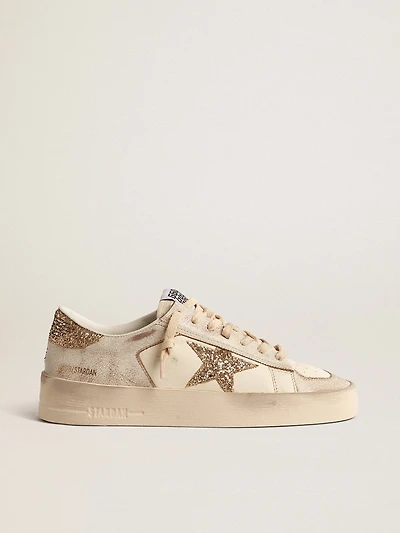Women’s Stardan ecru nappa leather with gold glitter star and heel tab