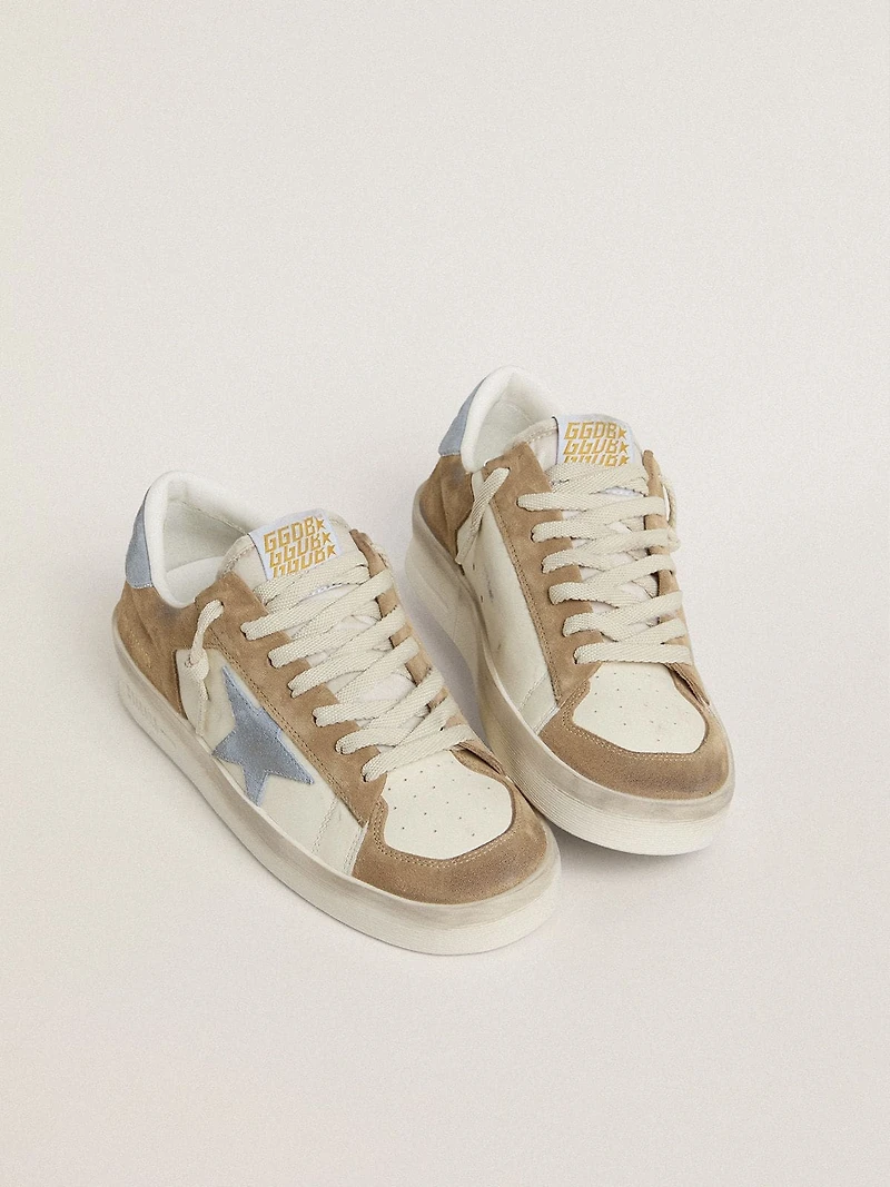 Stardan LTD white leather and tobacco suede with light blue star heel tab