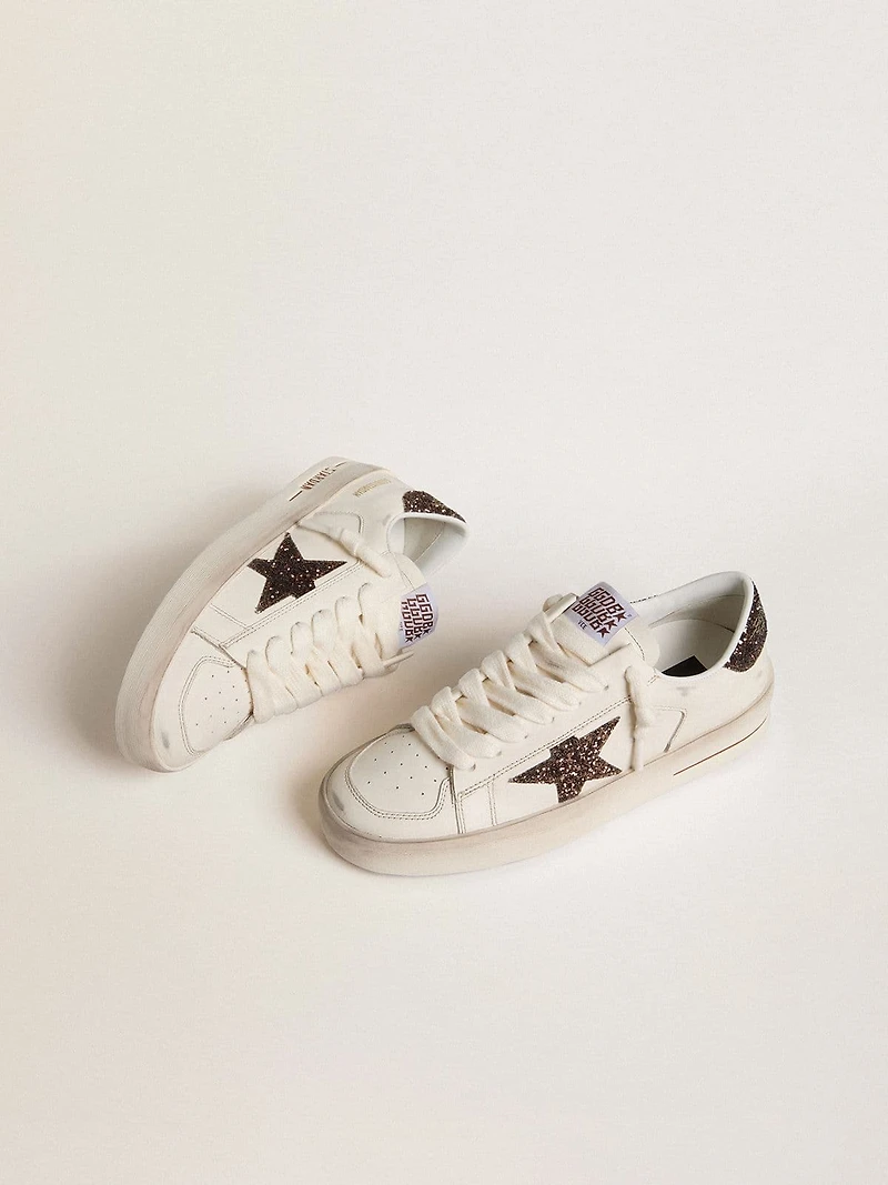 Women's Stardan white leather with brown glitter star and heel tab
