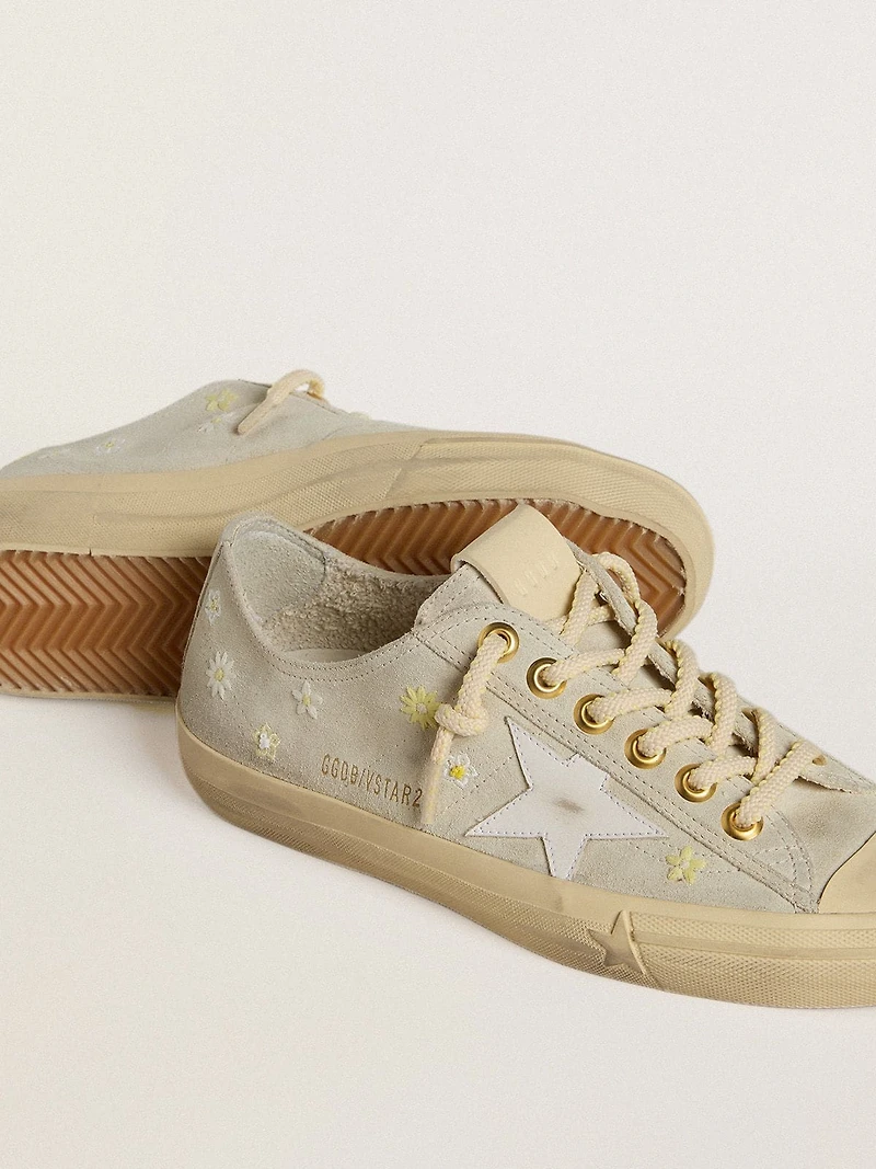 Women’s V-Star ice-gray suede with white leather star and floral embroidery