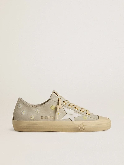 Women’s V-Star ice-gray suede with white leather star and floral embroidery