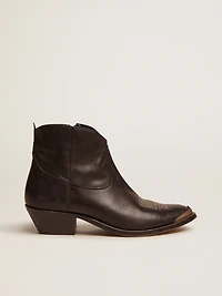 Young ankle boots black leather with sand-colored embroidery