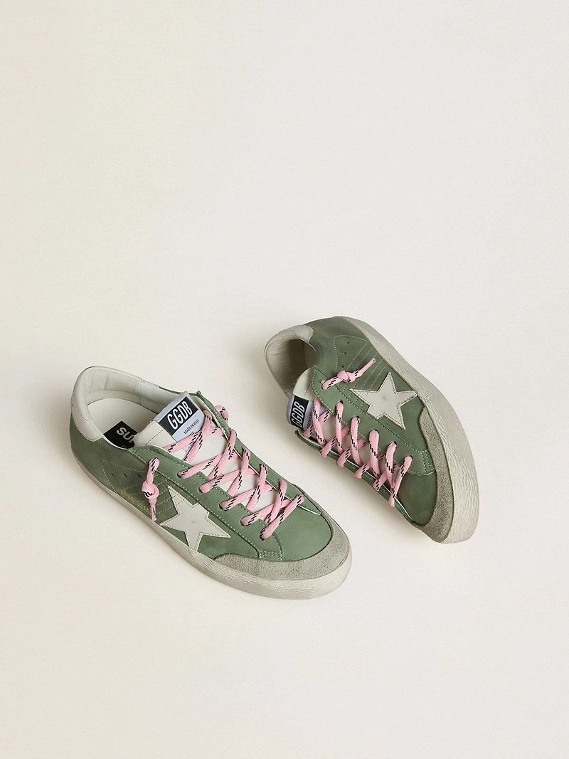 Women’s Super-Star LTD in green nubuck with white leather star and heel tab
