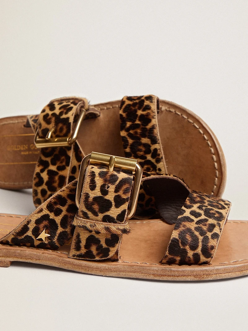 Women's Margaret flat sandals leopard-print pony skin