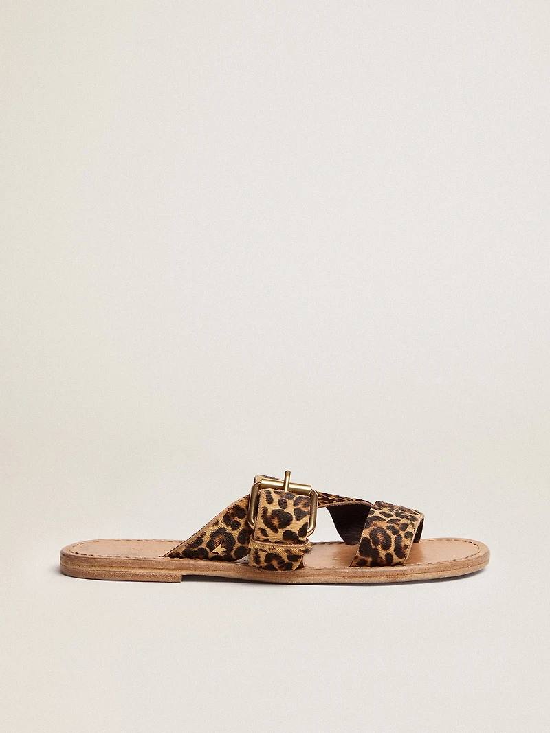 Women's Margaret flat sandals leopard-print pony skin