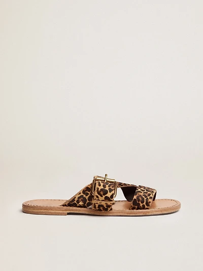 Women's Margaret flat sandals leopard-print pony skin
