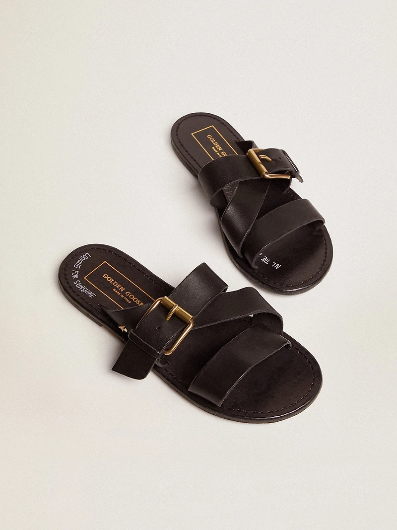 Women's Margaret flat sandals black resin-coated leather