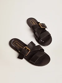 Women's Margaret flat sandals black resin-coated leather