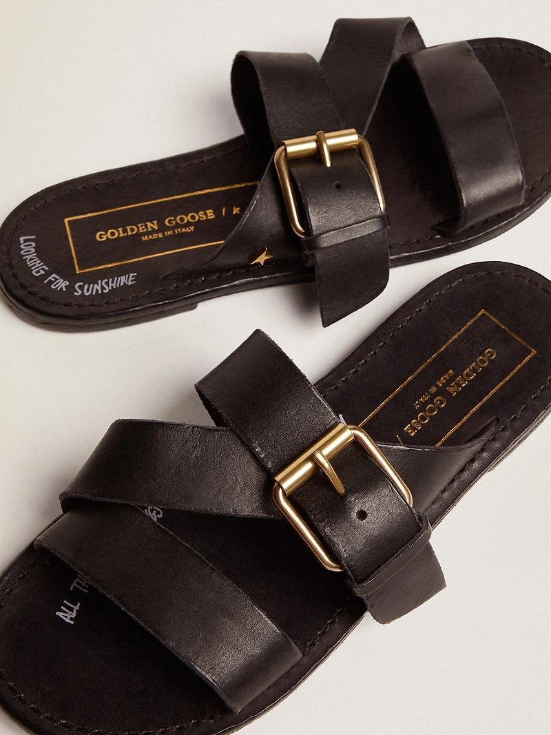 Women's Margaret flat sandals black resin-coated leather