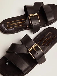 Women's Margaret flat sandals black resin-coated leather