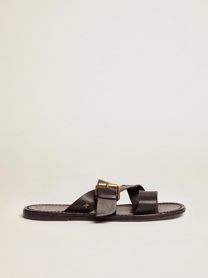 Women's Margaret flat sandals black resin-coated leather