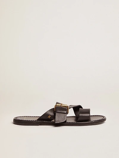 Women's Margaret flat sandals black resin-coated leather