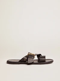 Women's Margaret flat sandals black resin-coated leather