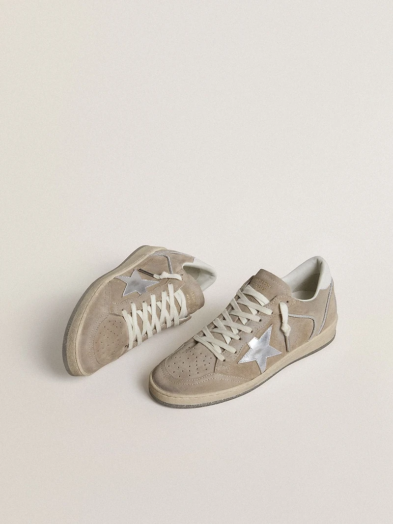 Women's Ball star LTD beige suede with silver metallic leather and white heel tab