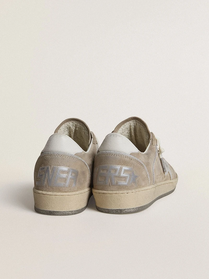 Women's Ball star LTD beige suede with silver metallic leather and white heel tab