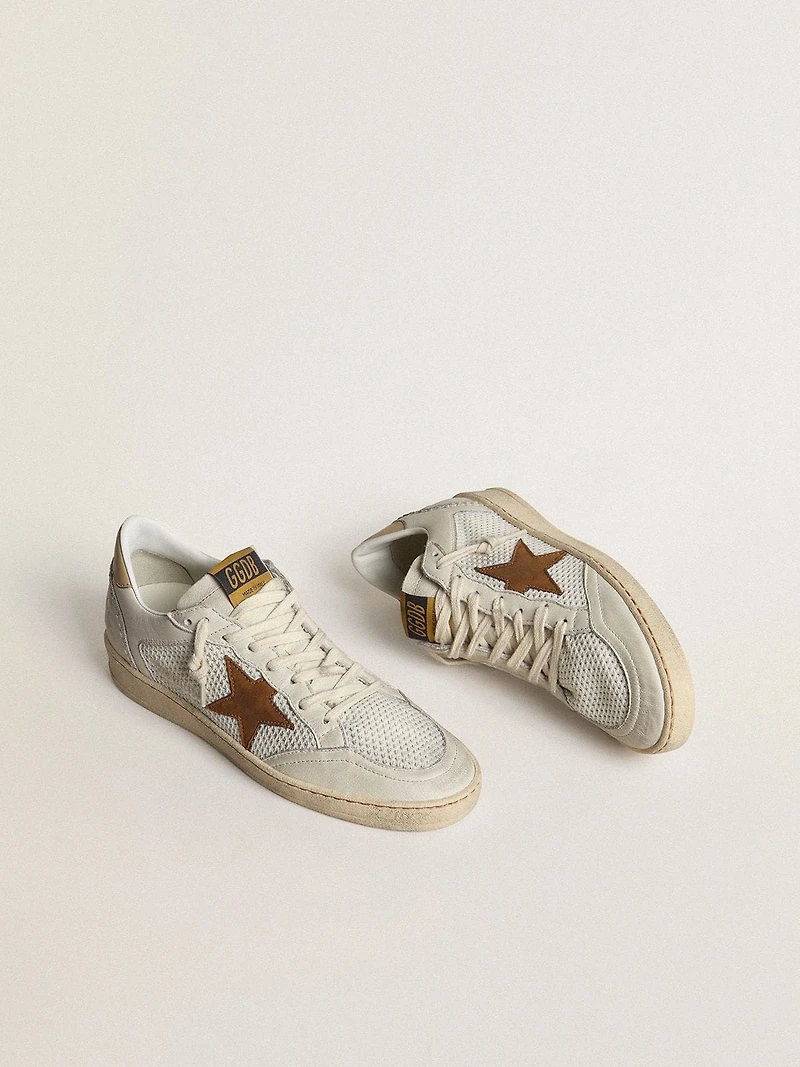 Women's Ball star white nappa and mesh with tobacco-colored nubuck beige heel tab