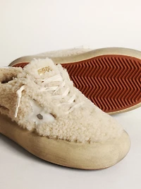 Women’s Space-Star shoes in beige shearling with white leather star and metallic leather heel tab