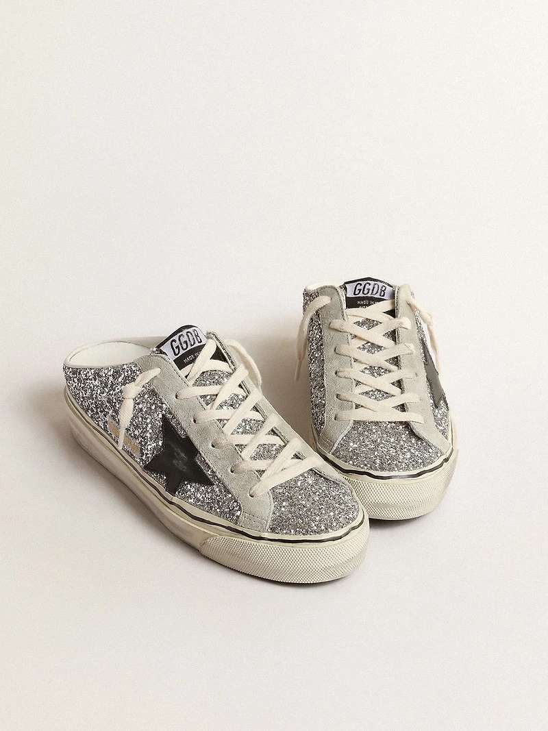 Women's Super-Star Sabot in silver glitter with black leather star