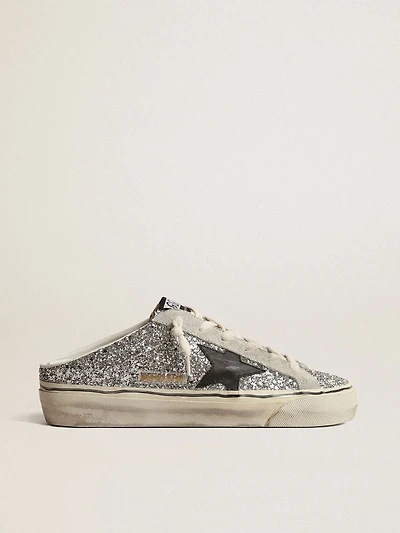 Women's Super-Star Sabot silver glitter with black leather star