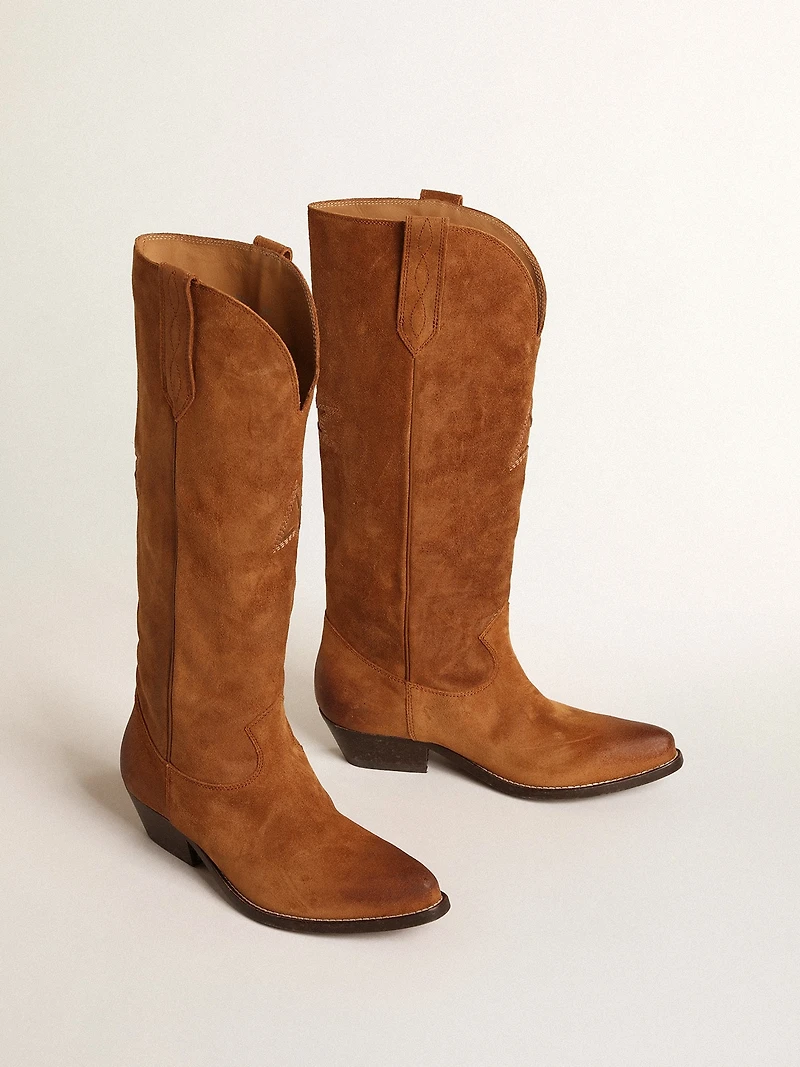 Wish star boots cognac suede with tone-on-tone inlay
