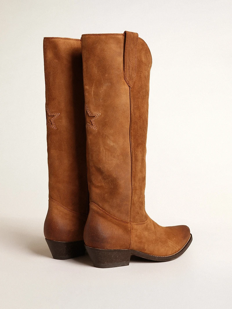 Wish star boots cognac suede with tone-on-tone inlay