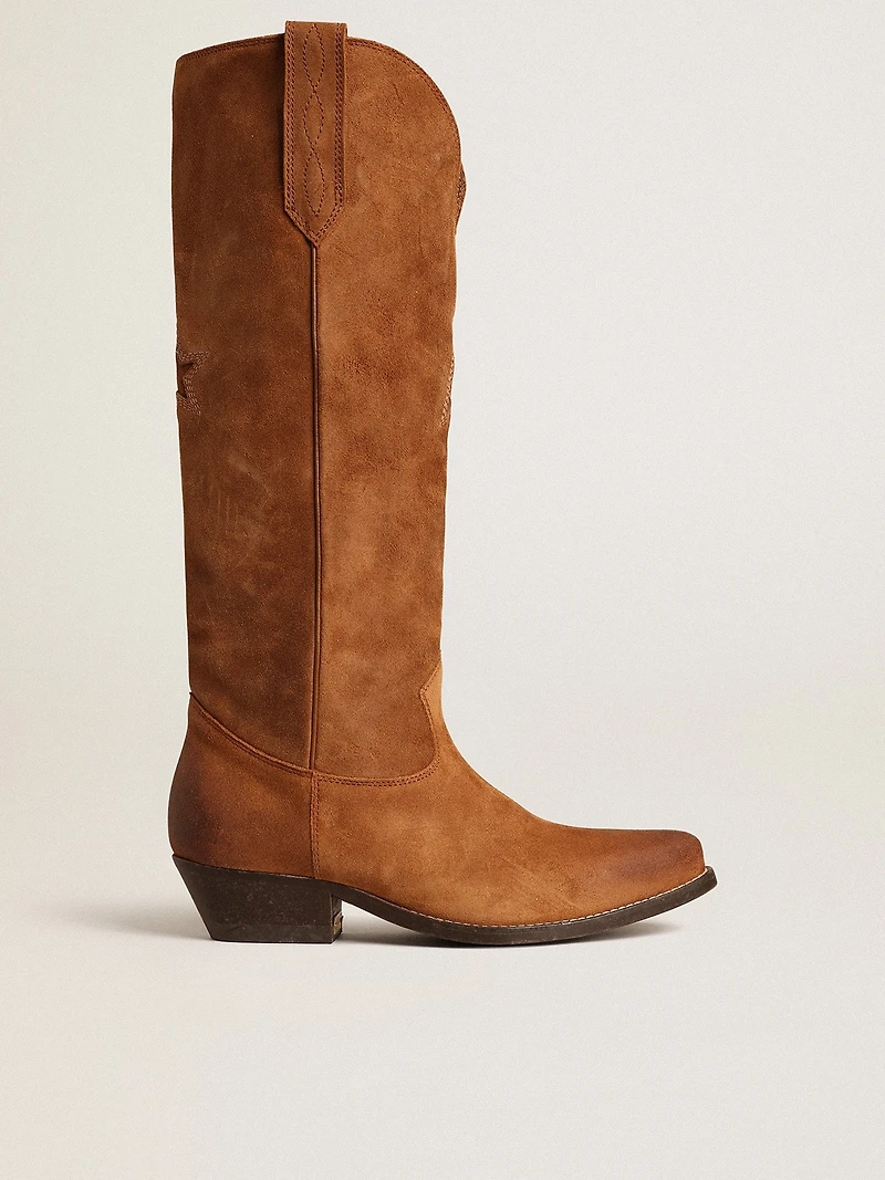 Wish star boots cognac suede with tone-on-tone inlay