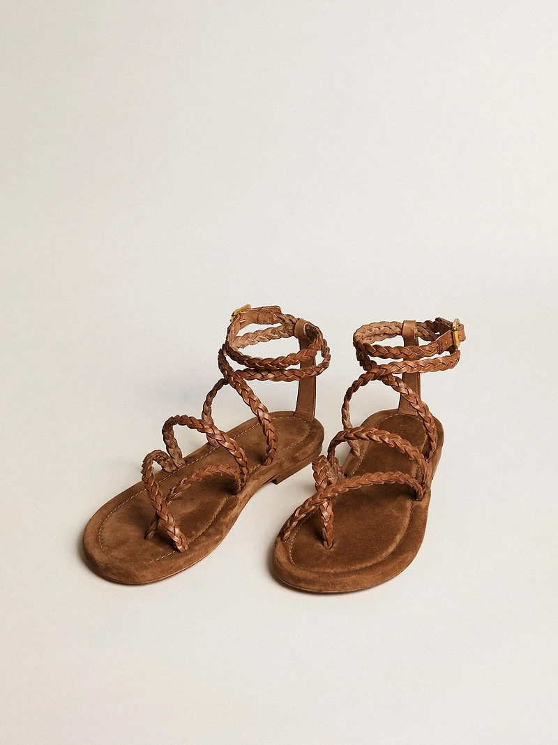 Women's Penelope flat sandals tobacco leather with suede sole