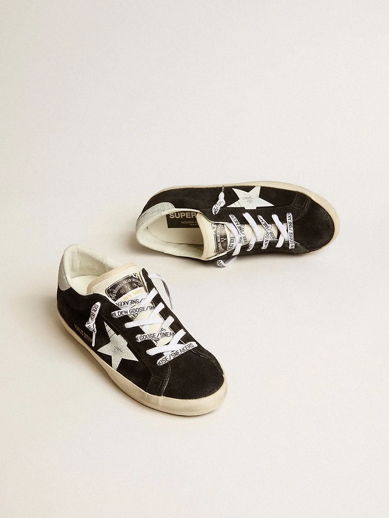 Women's Super-Star LTD black suede with white printed star and silver glitter heel tab