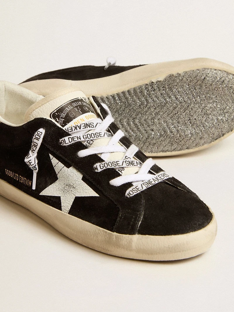 Women's Super-Star LTD black suede with white printed star and silver glitter heel tab