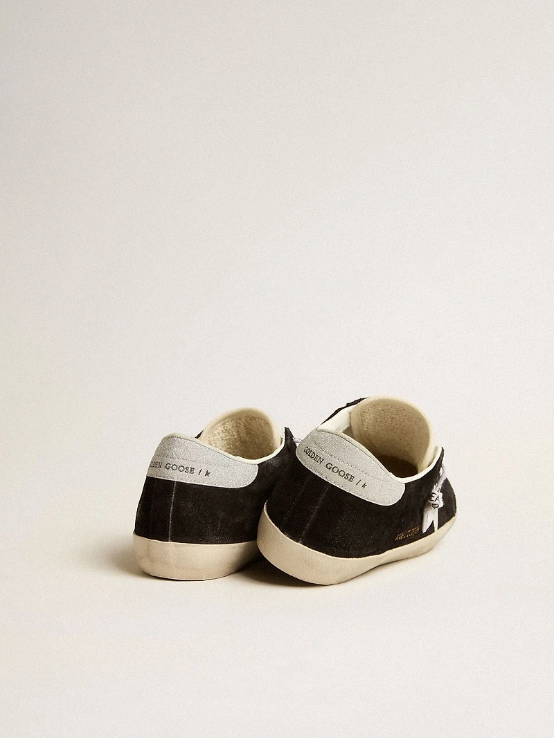 Women's Super-Star LTD black suede with white printed star and silver glitter heel tab