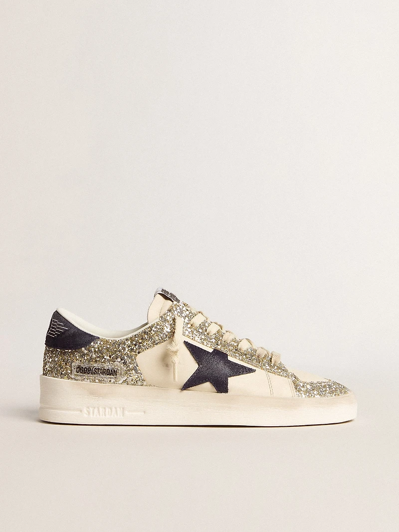 Women's Stardan in platinum glitter with dark blue suede star and heel tab
