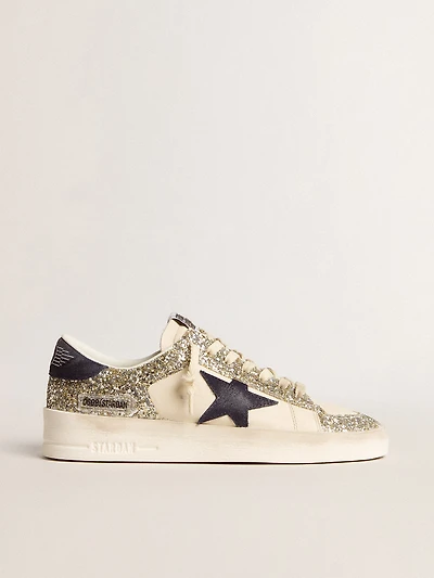 Women's Stardan in platinum glitter with dark blue suede star and heel tab