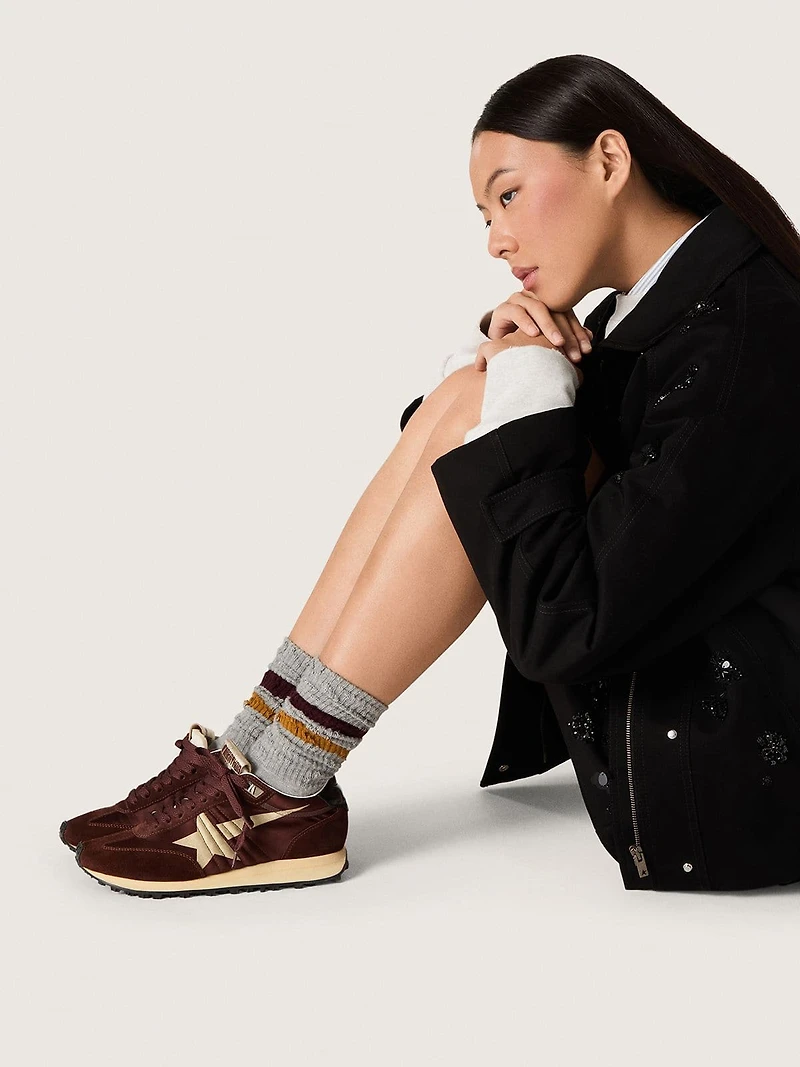 Women's Marathon with burgundy satin upper and platinum leather star