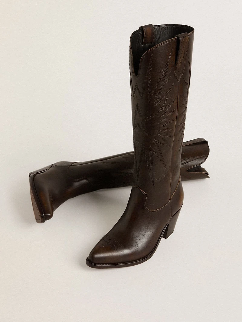 Wish star boots dark brown leather with tone-on-tone embroidered
