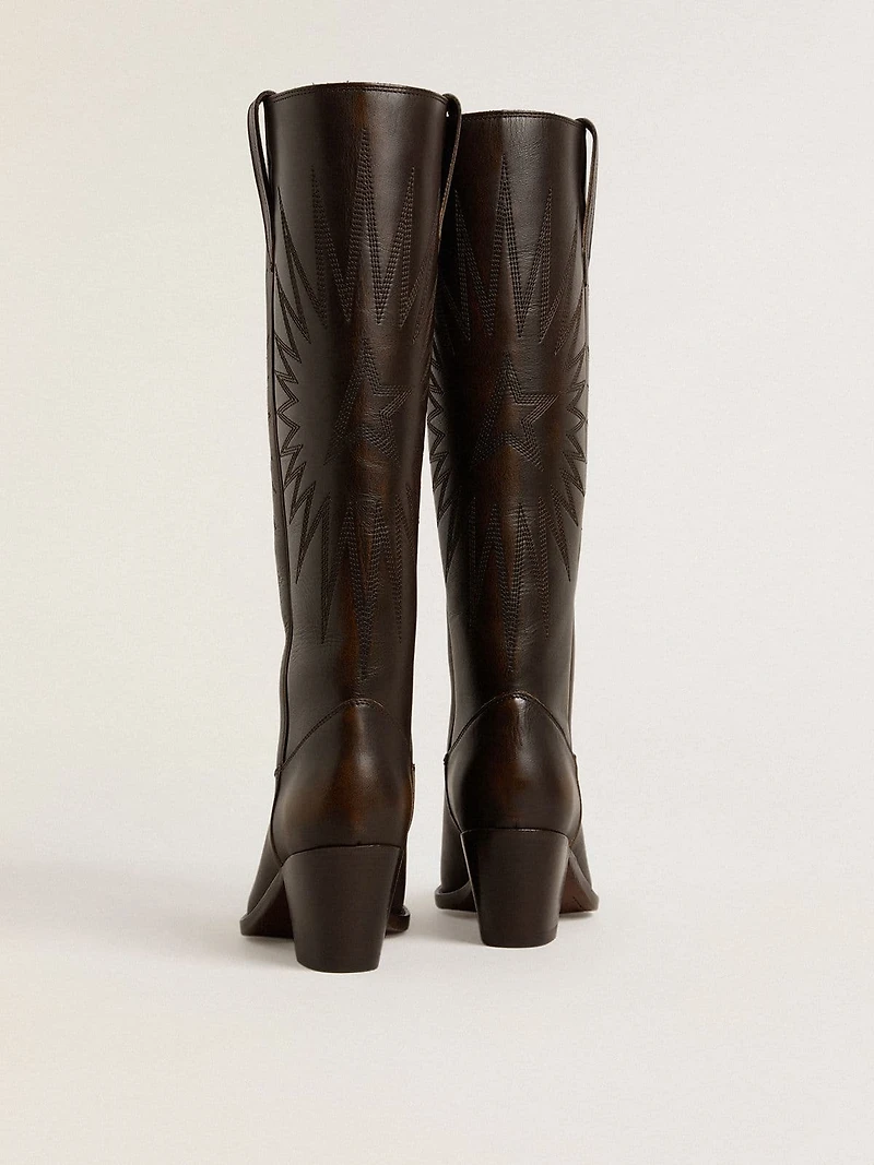 Wish star boots dark brown leather with tone-on-tone embroidered