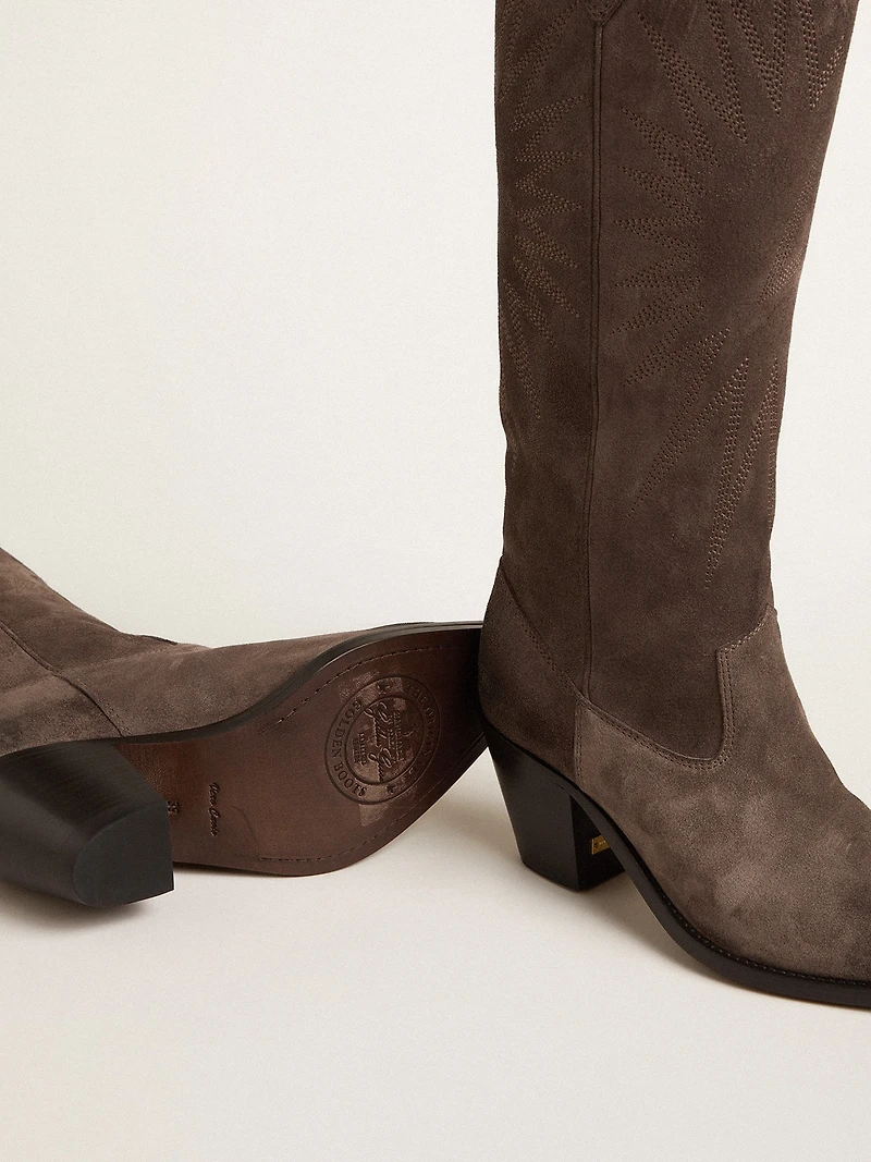 Wish star boots dark brown suede with tone-on-tone inlay