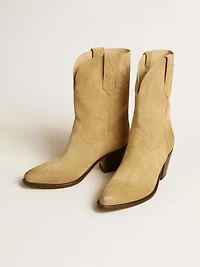Wish star low boots sand-colored waxed suede with embroidery