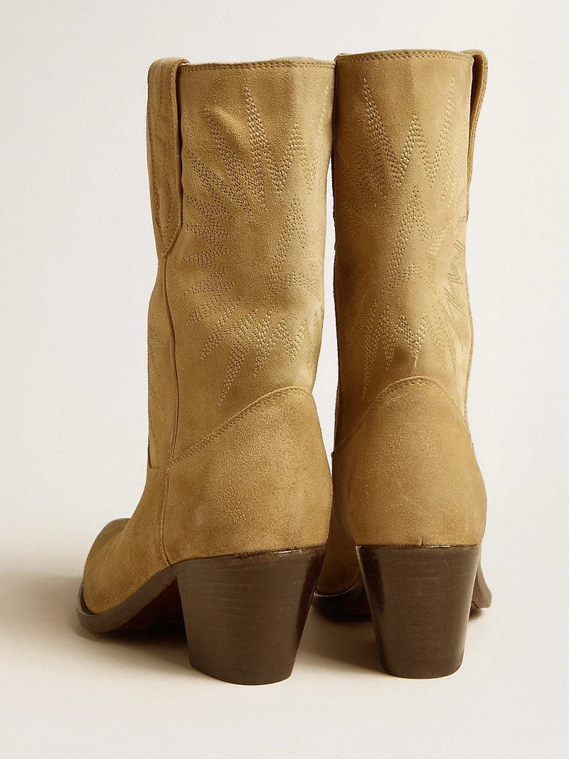 Wish star low boots sand-colored waxed suede with embroidery
