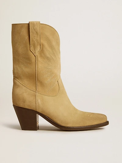 Wish star low boots sand-colored waxed suede with embroidery