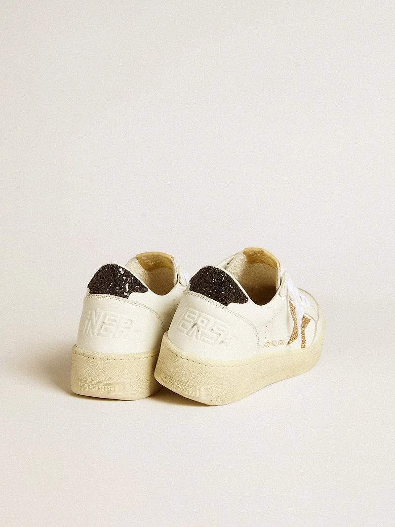 Women’s Ball star white leather with gold glitter and black heel tab