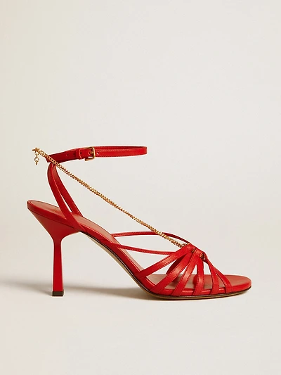 Nico high heel sandals red nappa leather with gold chain