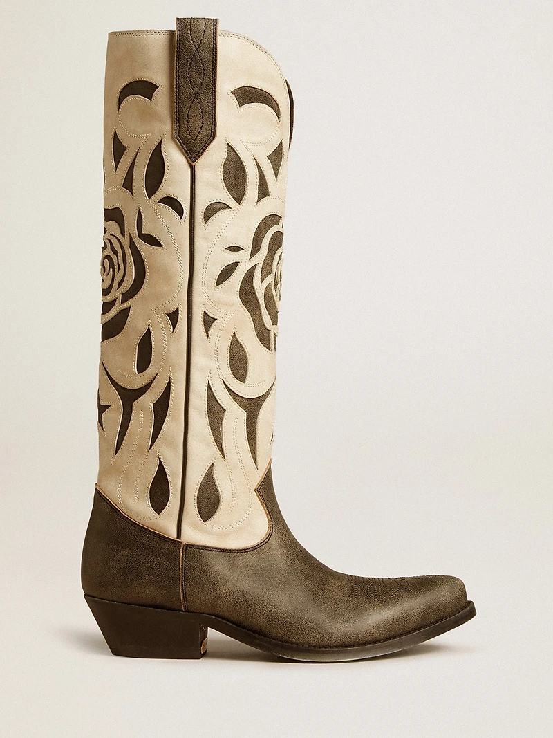 Wish star boots black and white leather with inlay rose