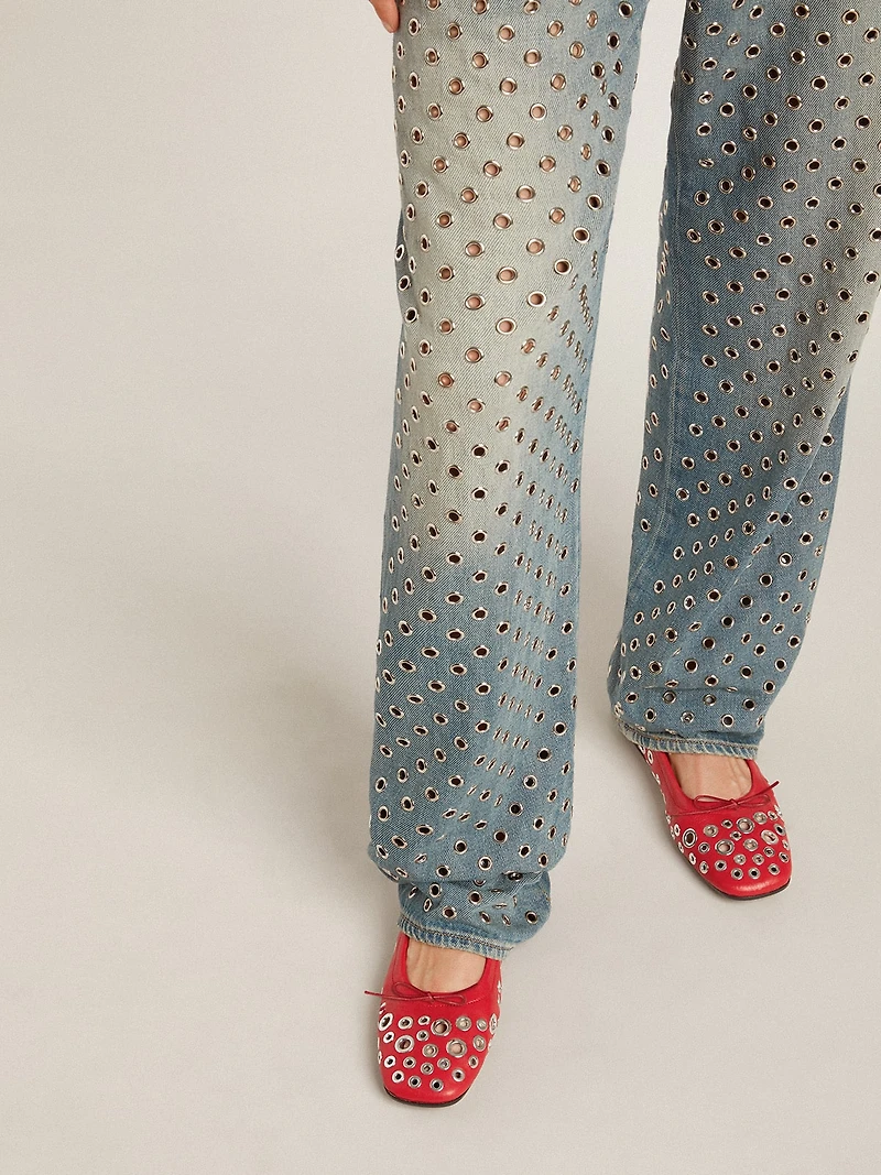 Amy ballet flats in red nappa leather with silver colored studs
