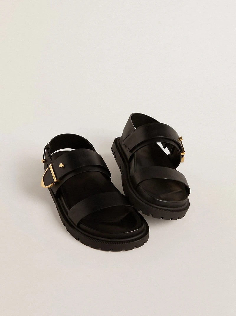 Women's Lucy sandal glossy black leather with gold metal buckle