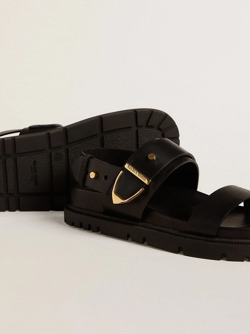 Women's Lucy sandal glossy black leather with gold metal buckle