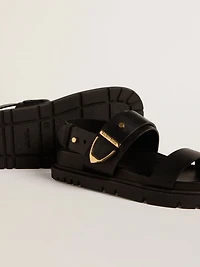 Women's Lucy sandal glossy black leather with gold metal buckle